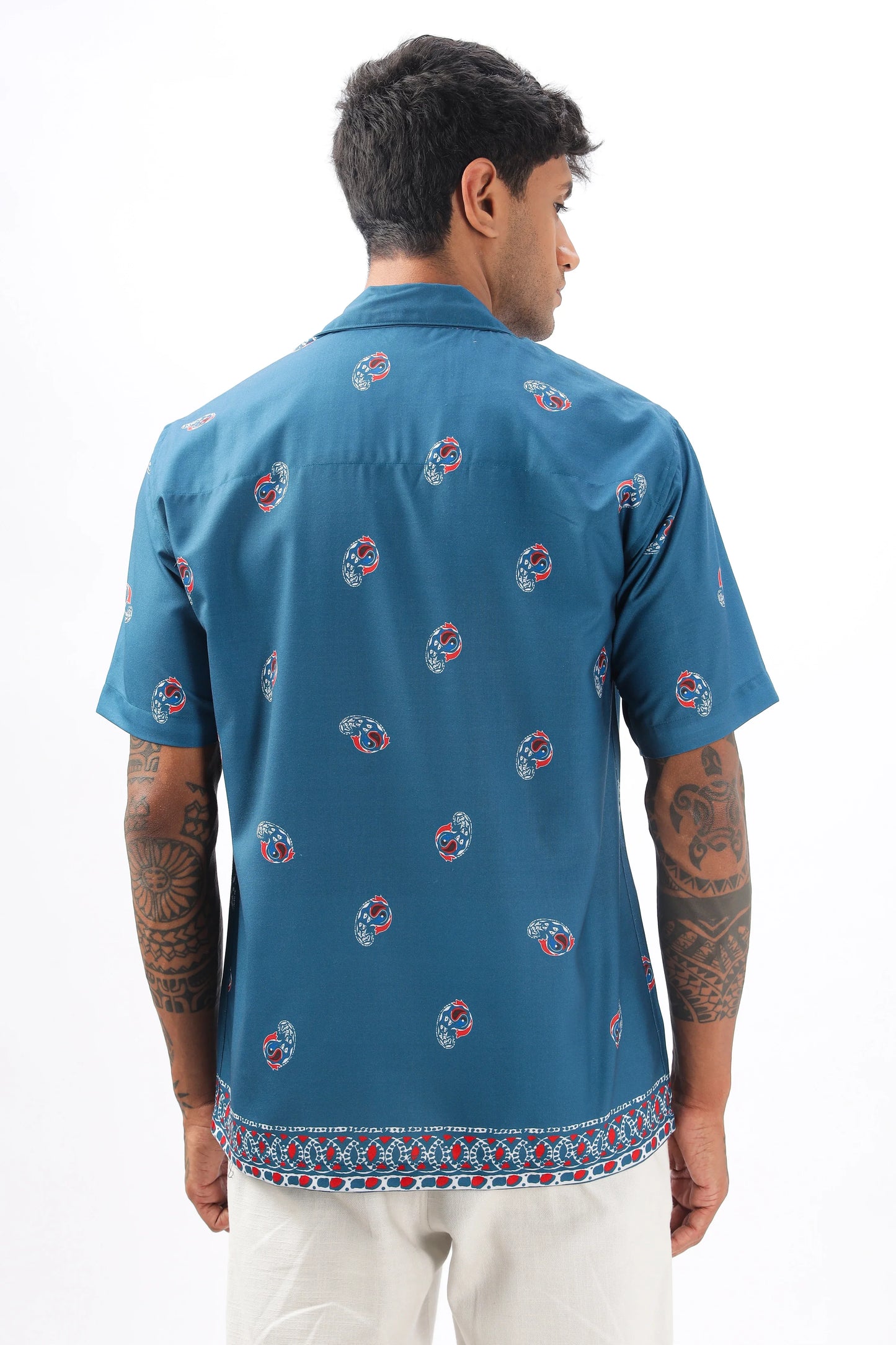 Blue paisley printed camp collar shirt