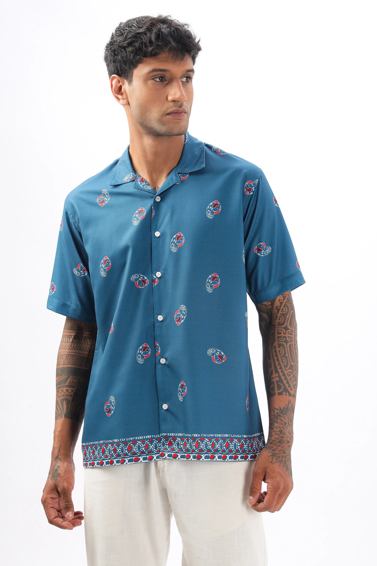 Blue paisley printed camp collar shirt