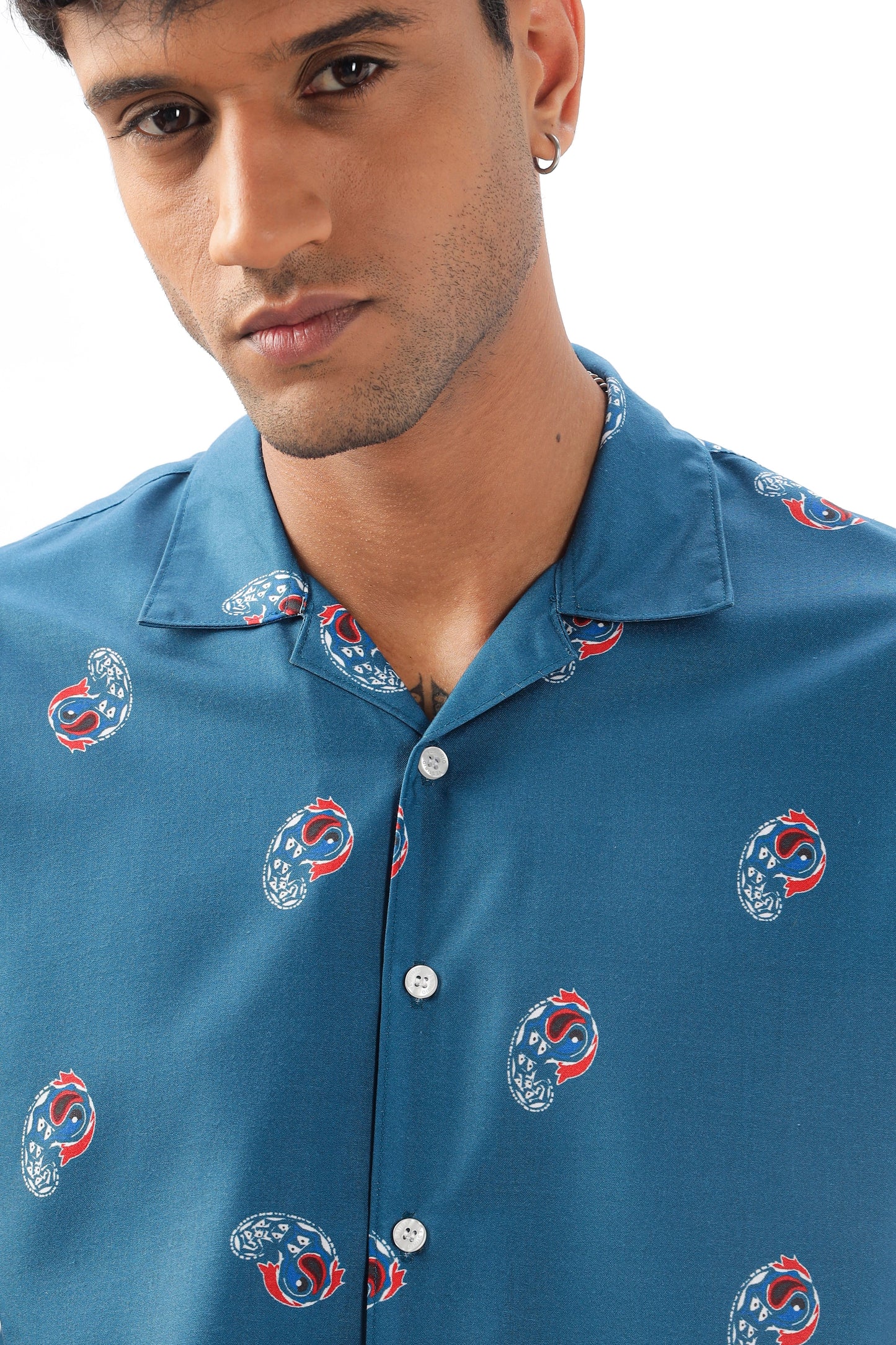 Blue paisley printed camp collar shirt