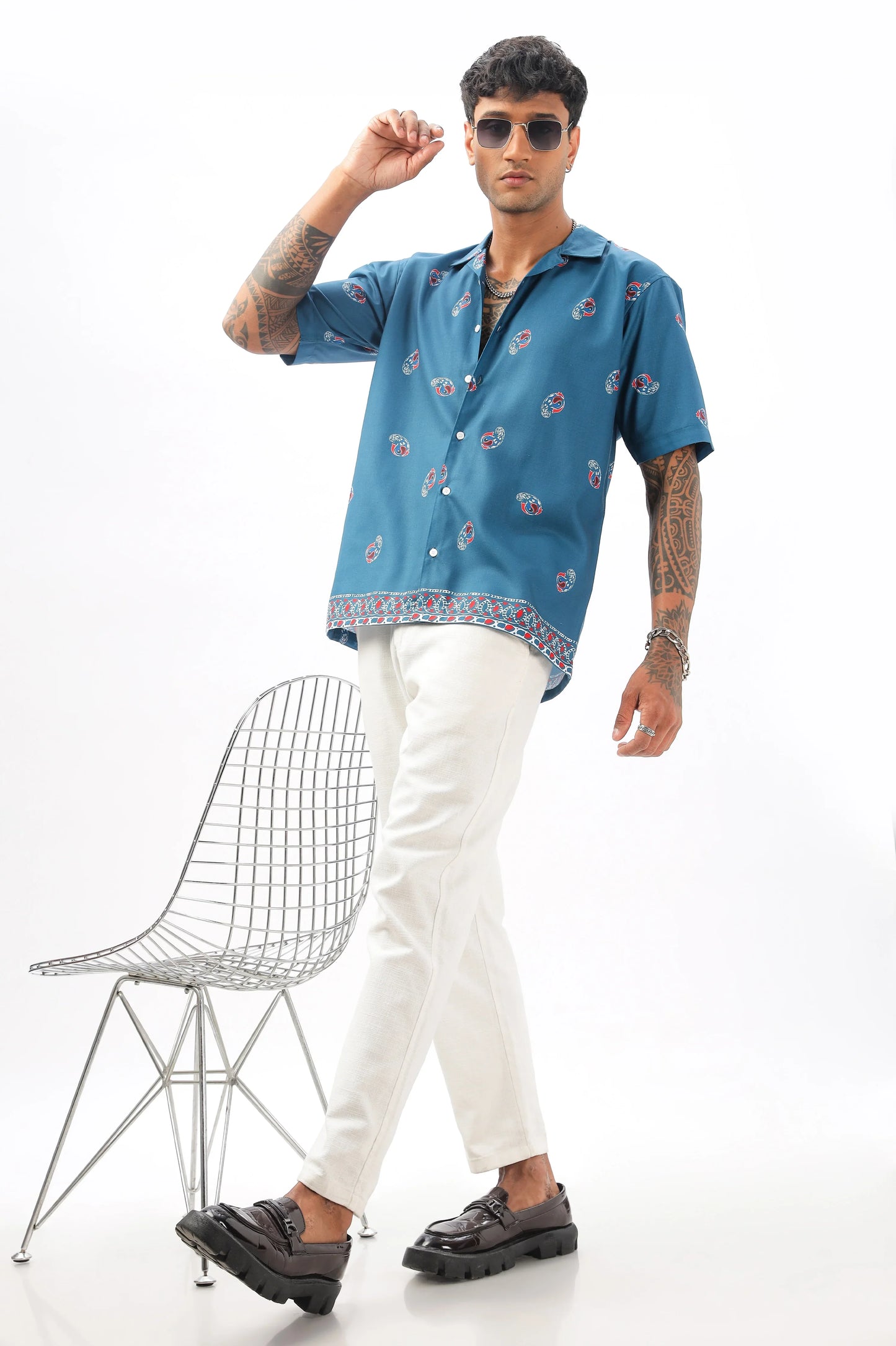 Blue paisley printed camp collar shirt