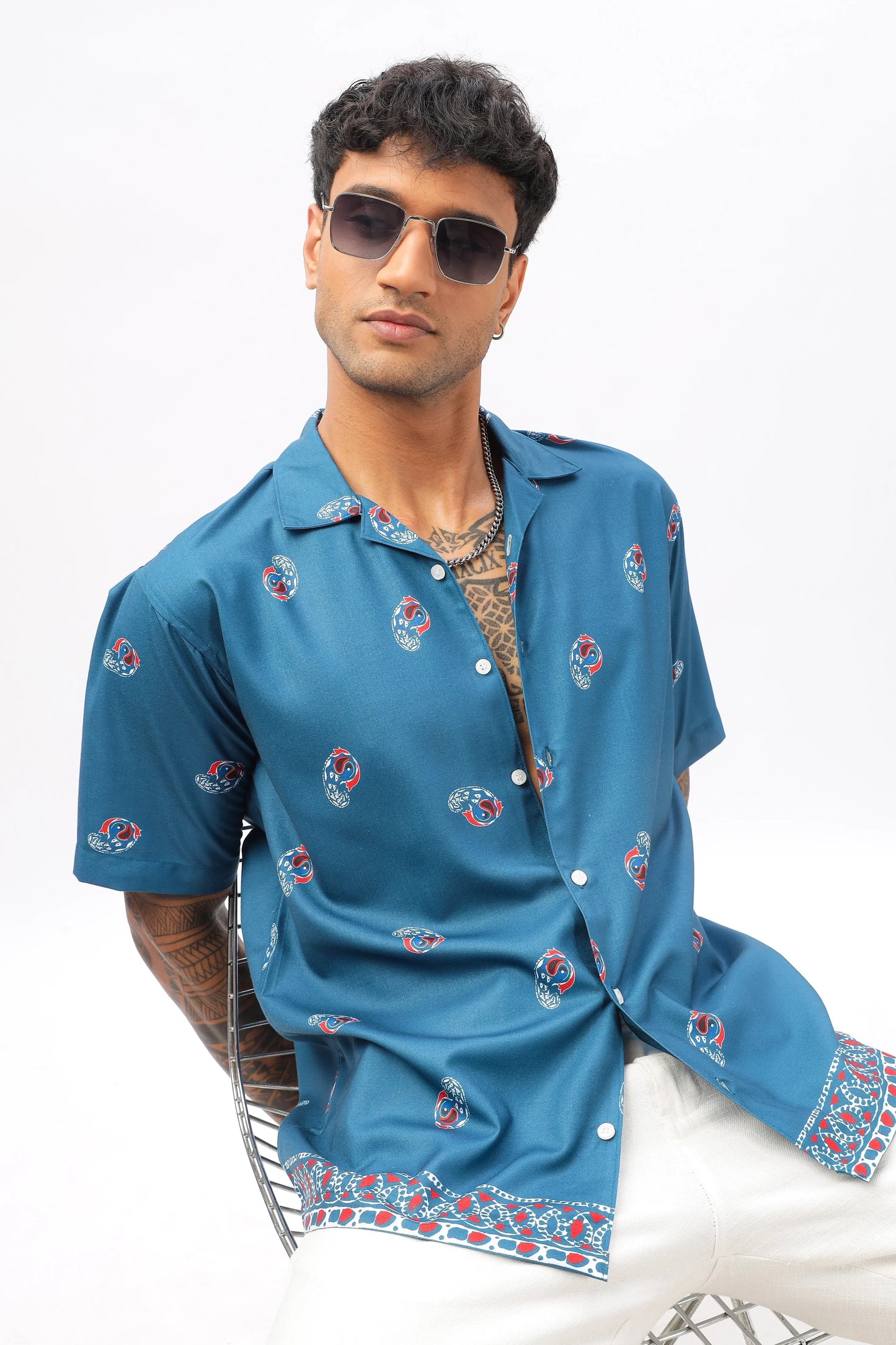 Blue paisley printed camp collar shirt