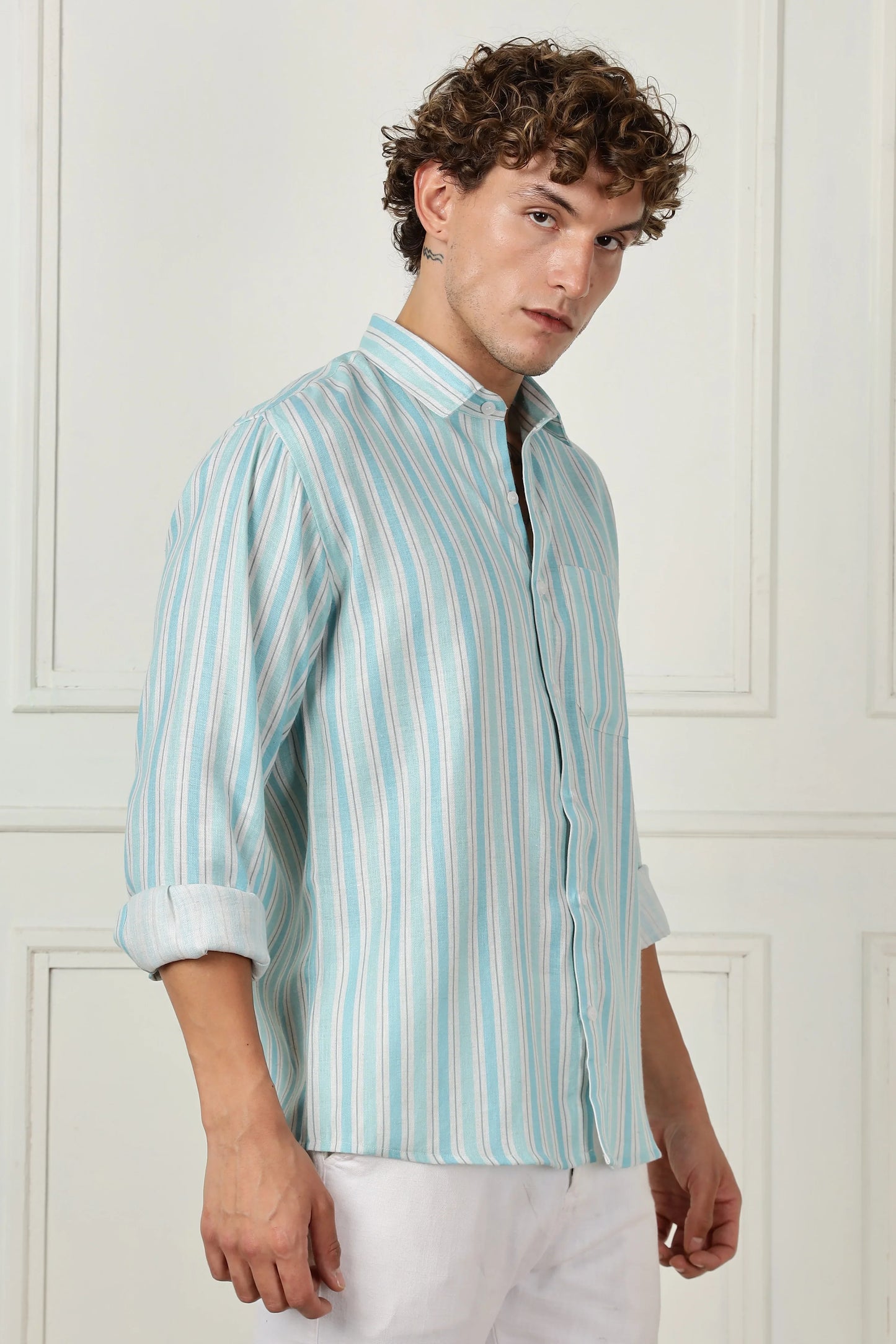 turquoise stripe printed full sleeve linen shirt