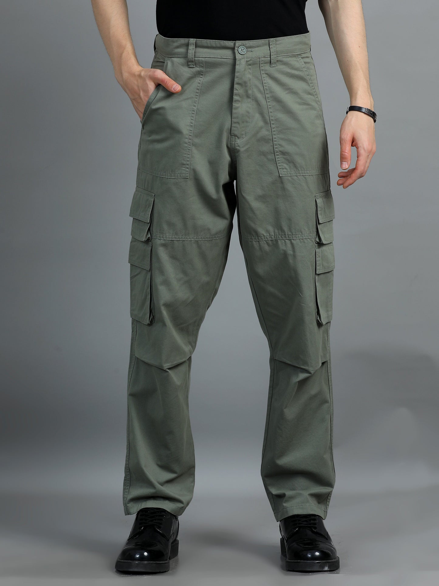 Pack of 2 Cotton Relaxed Fit Cargo Trousers, Moss Green Charcoal Grey