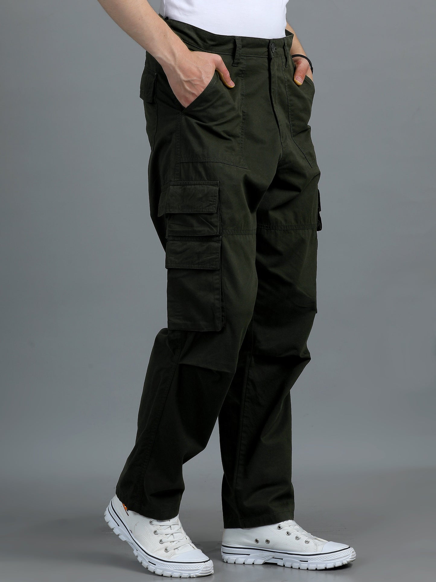 Pack of 2 Cotton Relaxed Fit Cargo Trousers, Dark Olive Khakhi