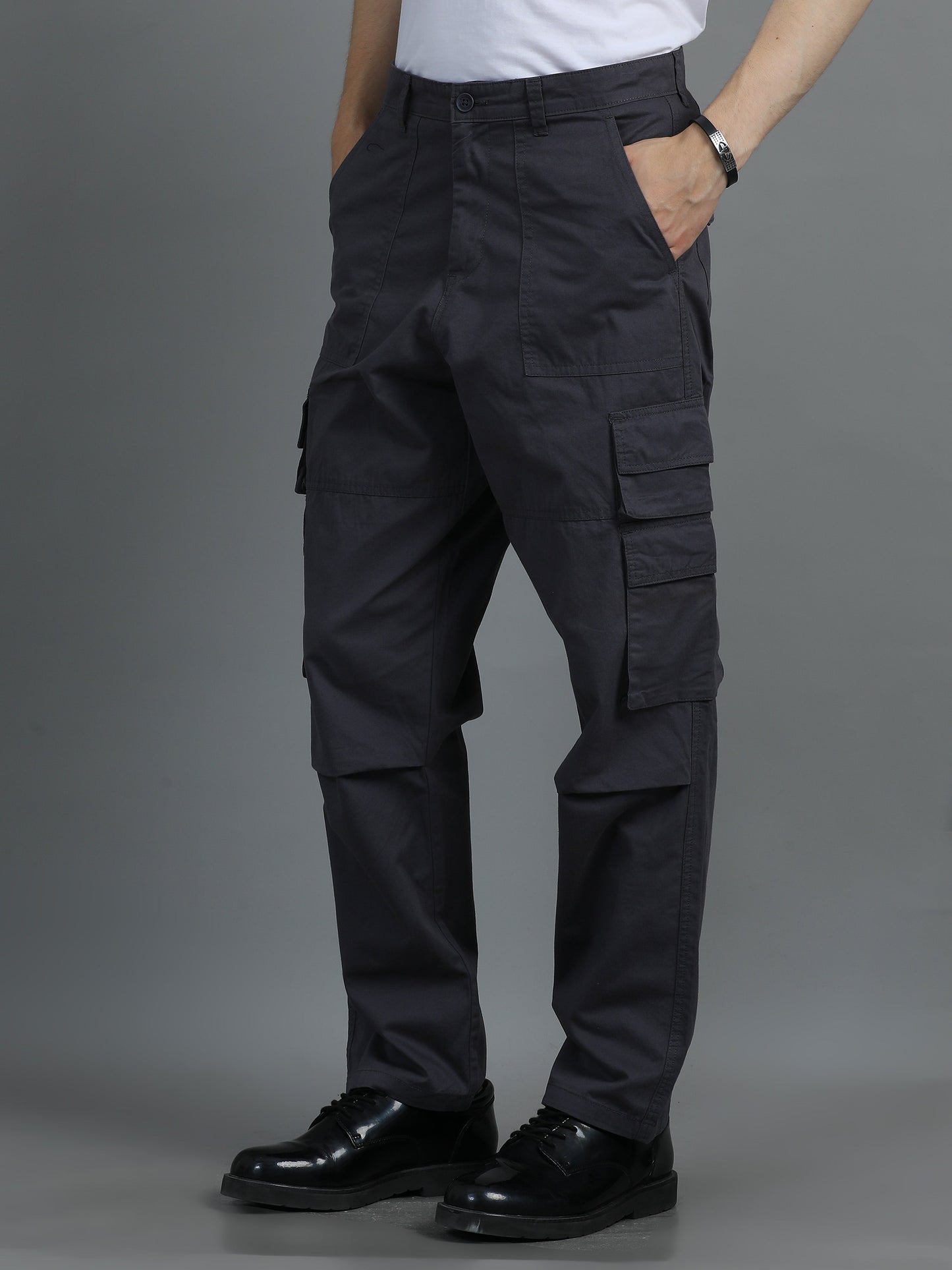 Pack of 2 Cotton Relaxed Fit Cargo Trousers, Charcoal Grey Brown