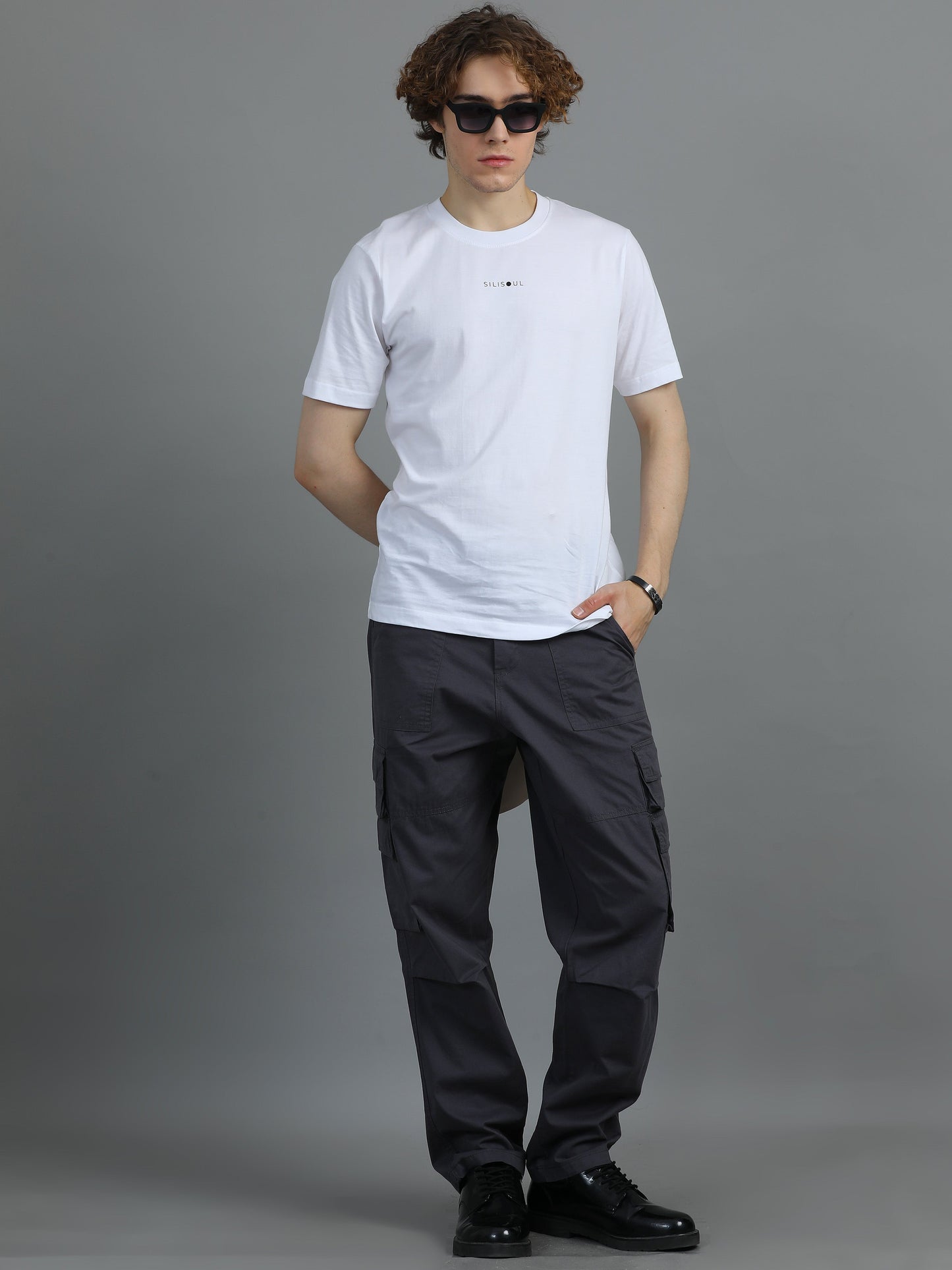 Pack of 2 Cotton Relaxed Fit Cargo Trousers, Charcoal Grey Brown