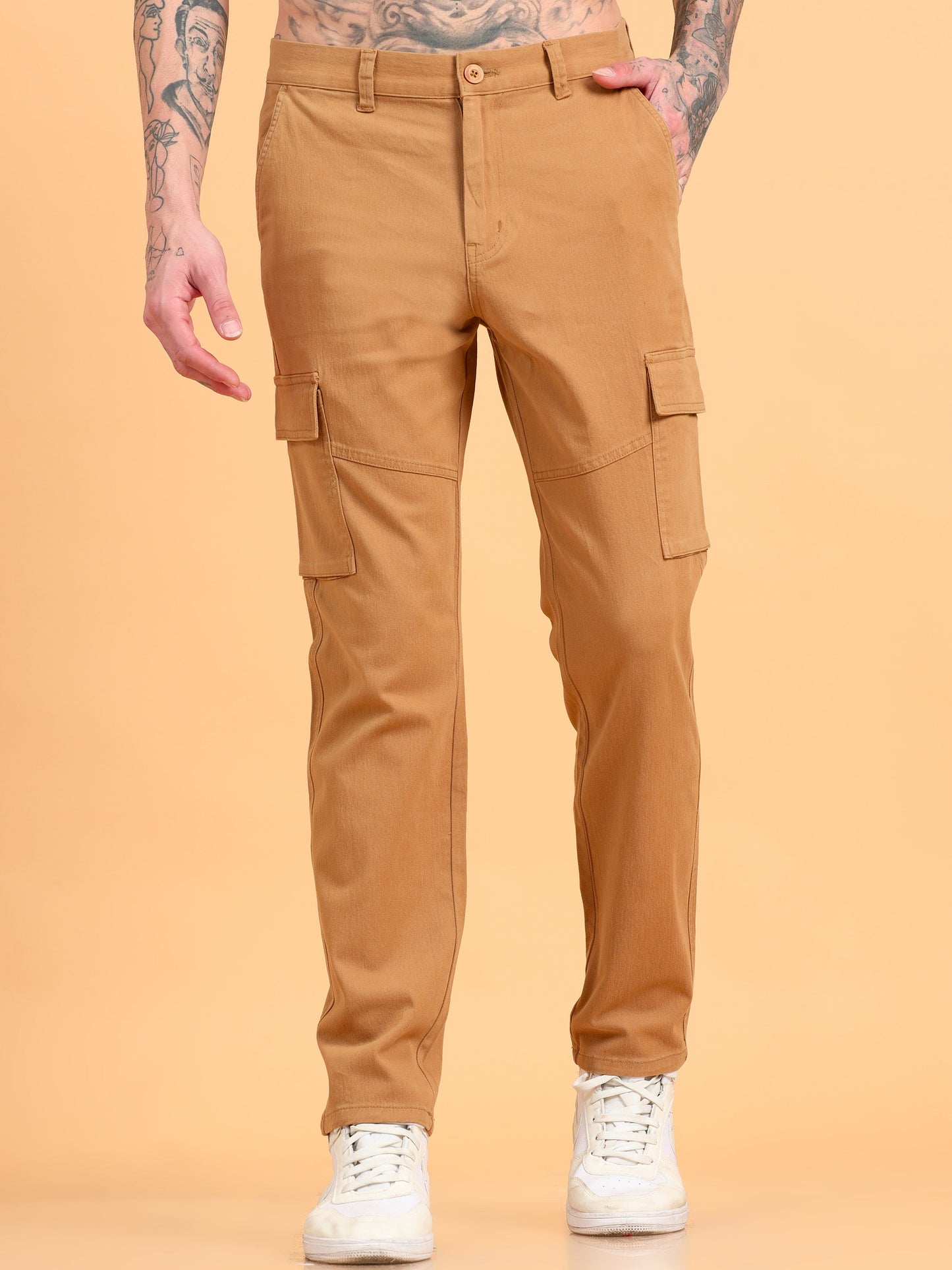 Pack of 2 Cotton Regular Fit Cargo Trousers, KHAKI BROWN