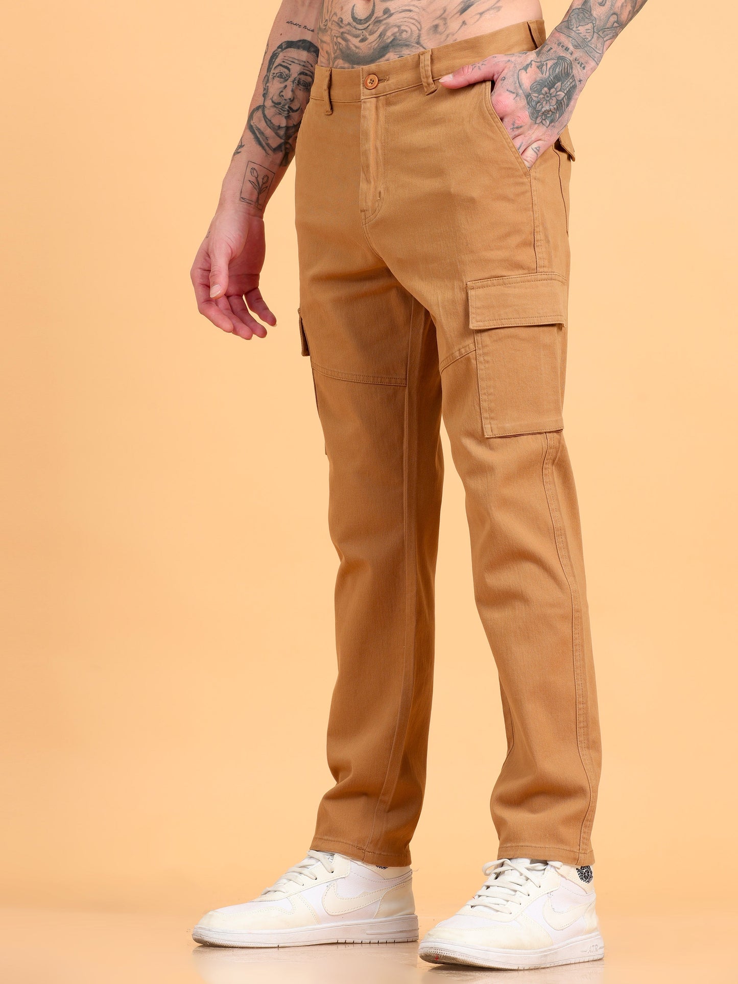 Pack of 2 Cotton Regular Fit Cargo Trousers, KHAKI BROWN