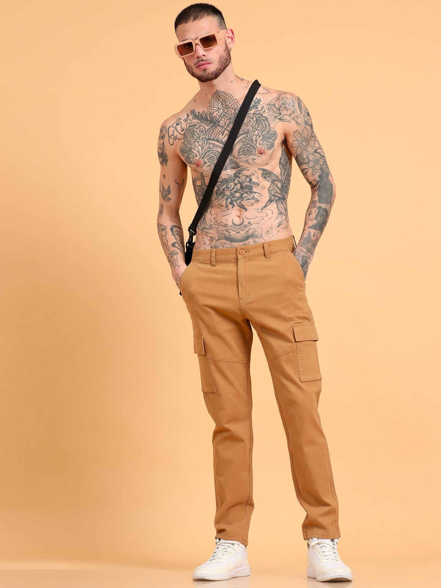 Pack of 2 Cotton Regular Fit Cargo Trousers, KHAKI BROWN