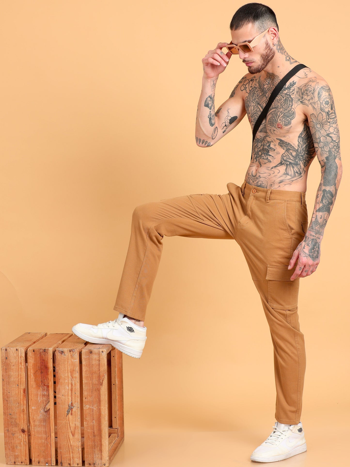 Pack of 2 Cotton Regular Fit Cargo Trousers, KHAKI BROWN