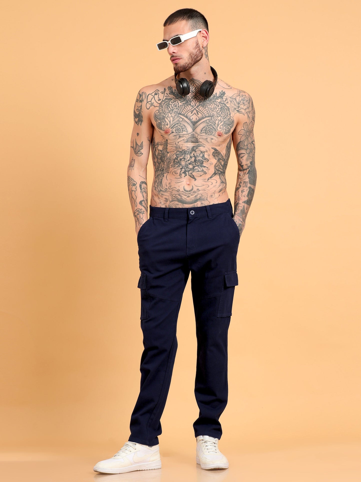 Pack of 2 Cotton Regular Fit Cargo Trousers, NAVY BLUE KHAKHI