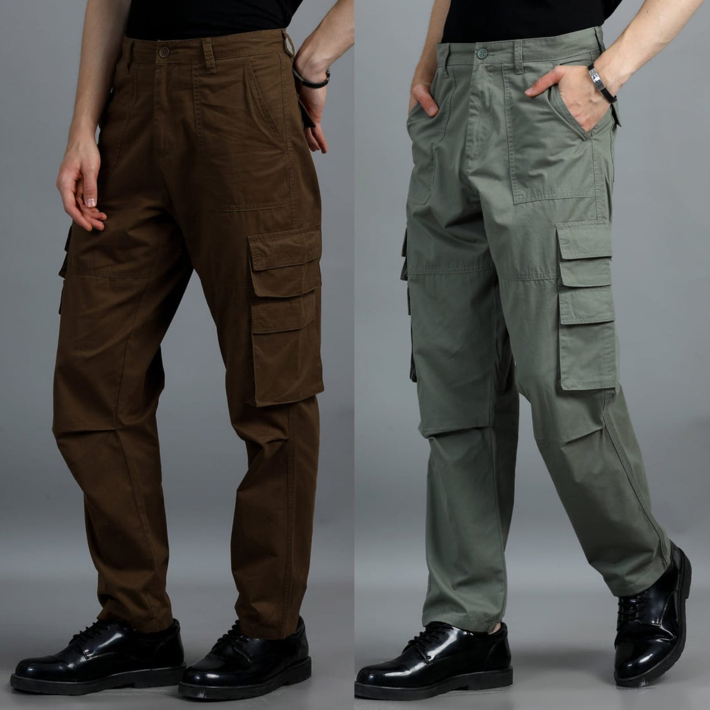 Pack of 2 Cotton Relaxed Fit Cargo Trousers, Brown Moss Green