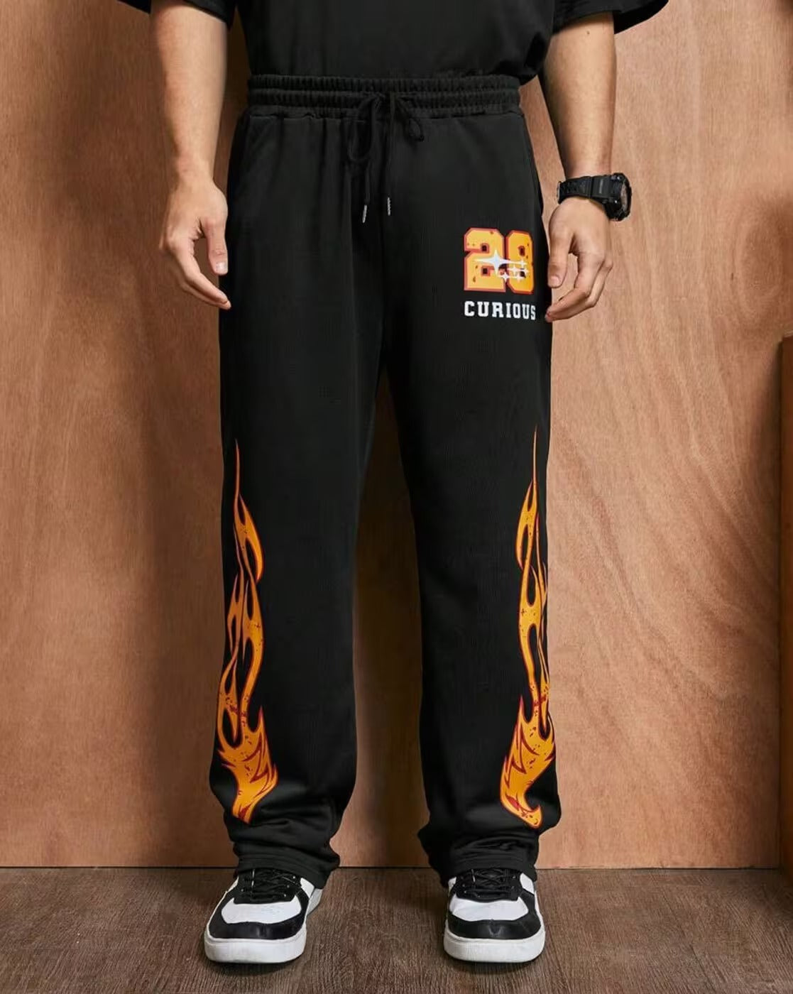 Men Fire Printed Loose Fit Track Pants