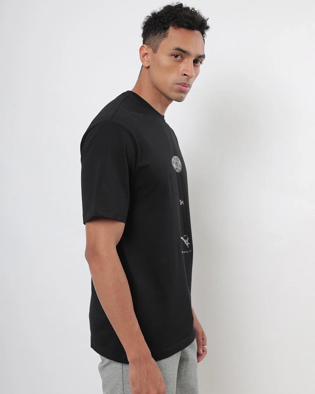 Men's Black Hangin Astronaut Graphic Printed Oversized T-shirt
