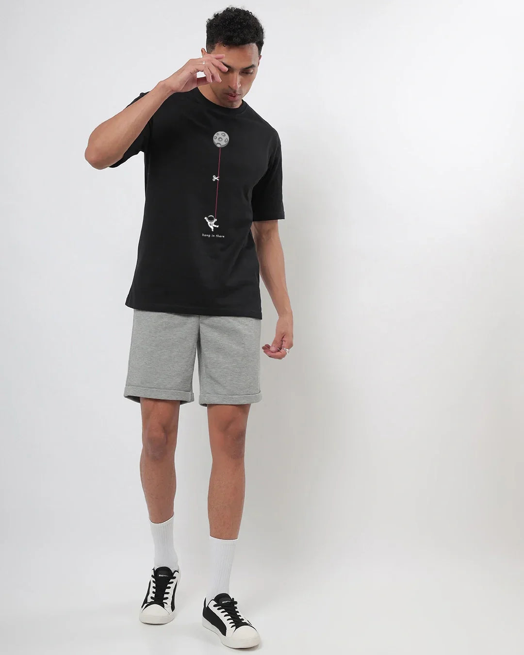 Men's Black Hangin Astronaut Graphic Printed Oversized T-shirt