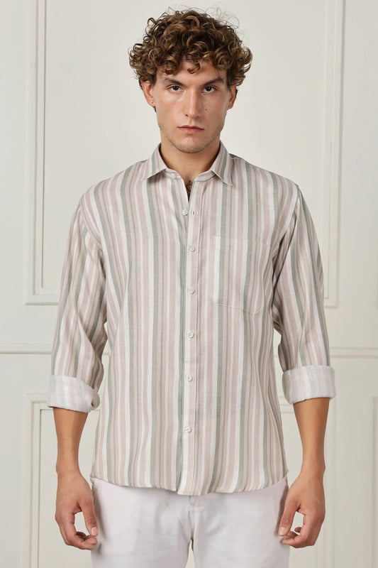 Beige stripe printed full sleeve linen shirt
