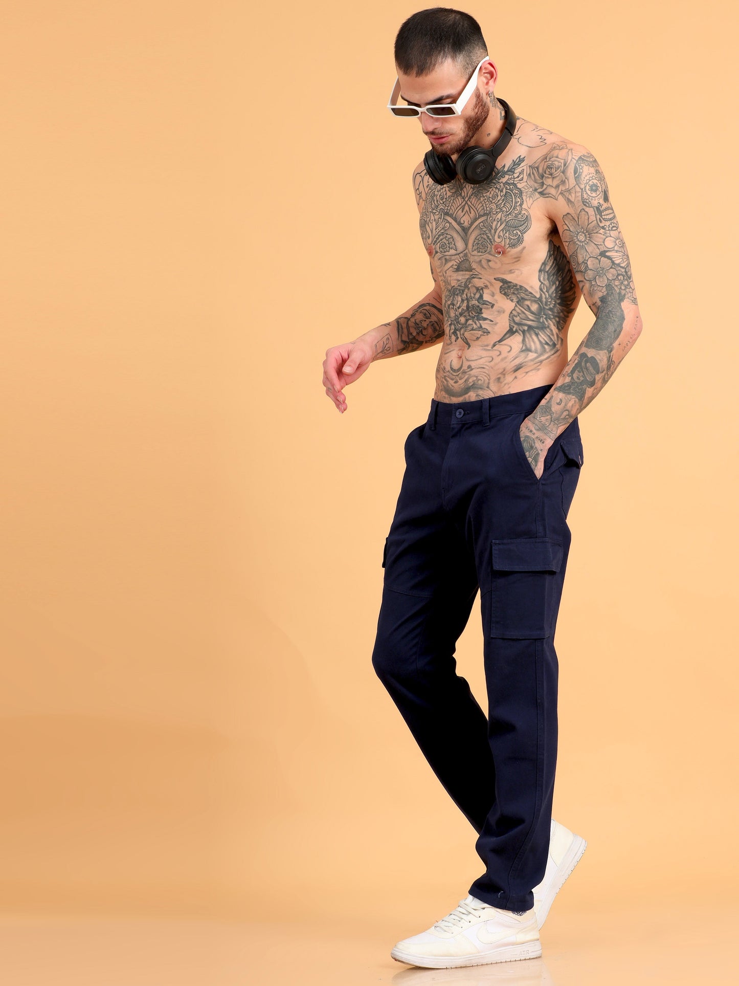 Pack of 2 Cotton Regular Fit Cargo Trousers, NAVY BLUE KHAKHI