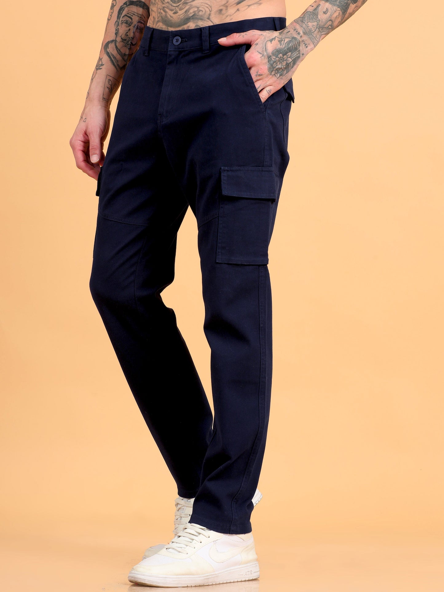 Pack of 2 Cotton Regular Fit Cargo Trousers, NAVY BLUE KHAKHI