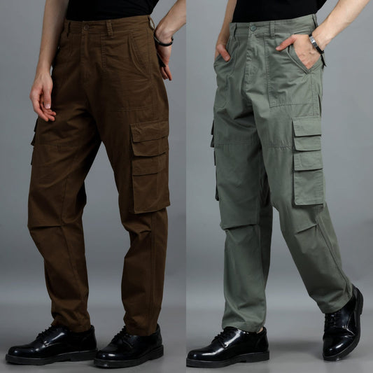 Pack of 2 Cotton Relaxed Fit Cargo Trousers, Brown Moss Green