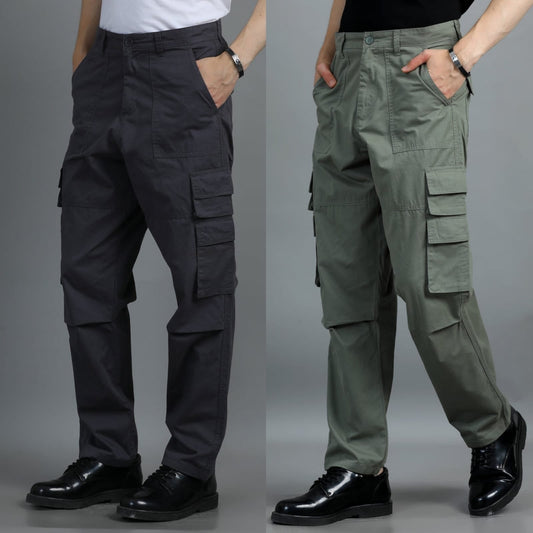Pack of 2 Cotton Relaxed Fit Cargo Trousers, Moss Green Charcoal Grey