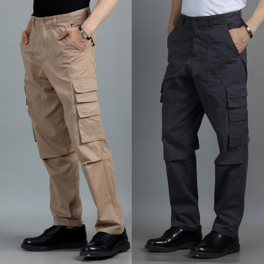 Pack of 2 Cotton Relaxed Fit Cargo Trousers, Charcoal Grey khakhi