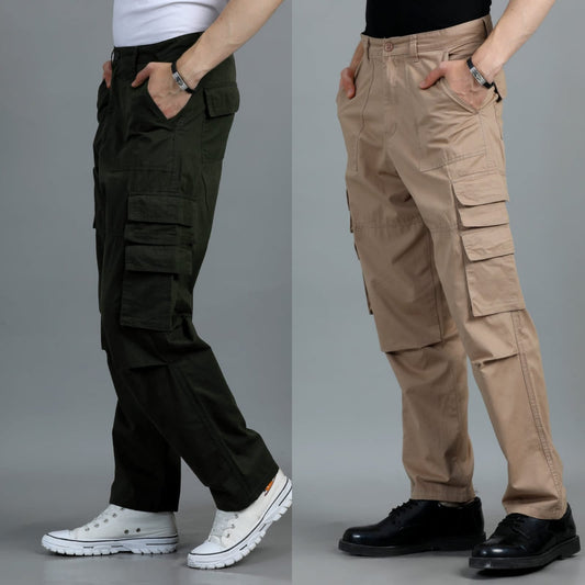 Pack of 2 Cotton Relaxed Fit Cargo Trousers, Dark Olive Khakhi