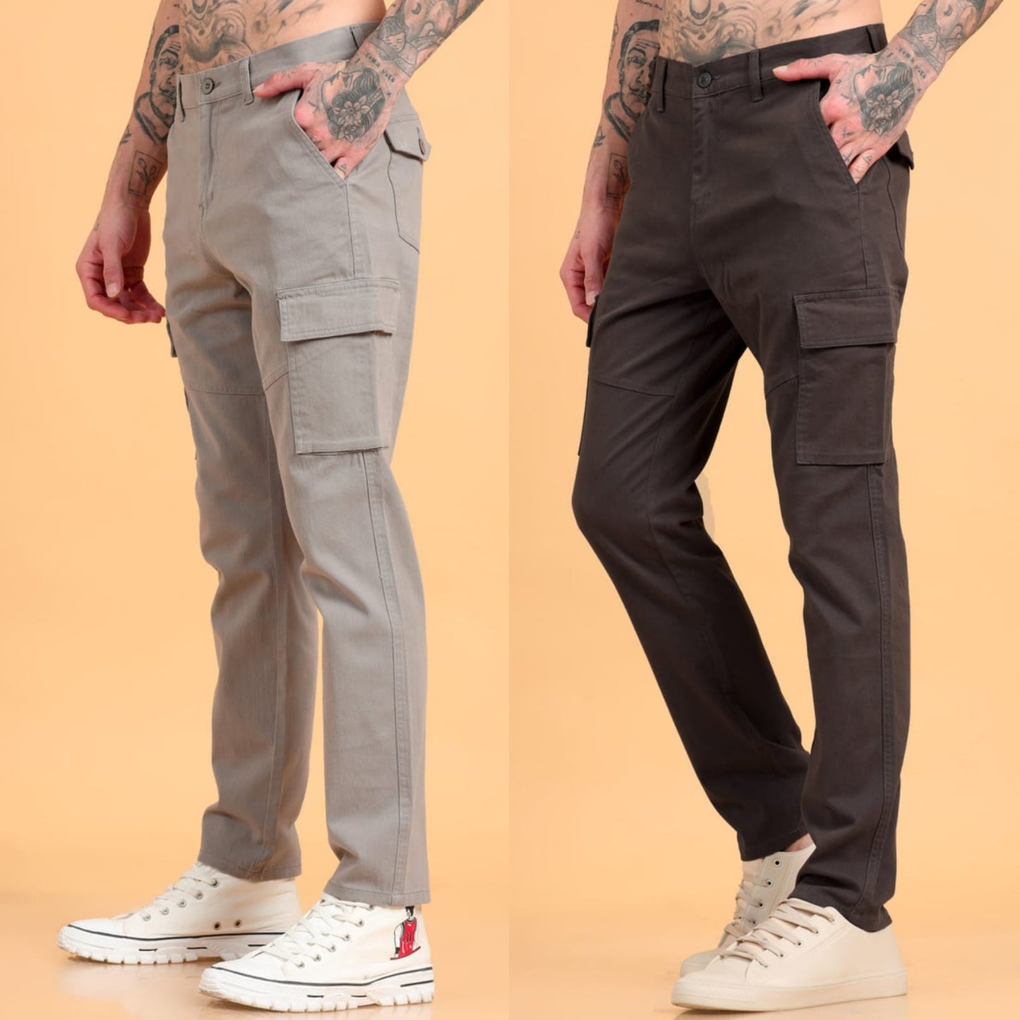 Pack of 2 Cotton Regular Fit Cargo Trousers, GRAPHITE GREY BROWN