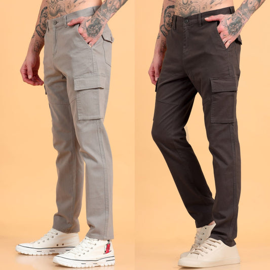 Pack of 2 Cotton Regular Fit Cargo Trousers, GRAPHITE GREY BROWN