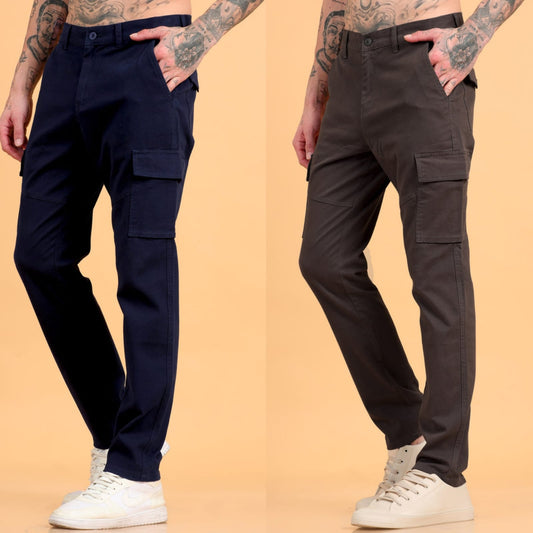 Pack of 2 Cotton Regular Fit Cargo Trousers, BROWN NAVY