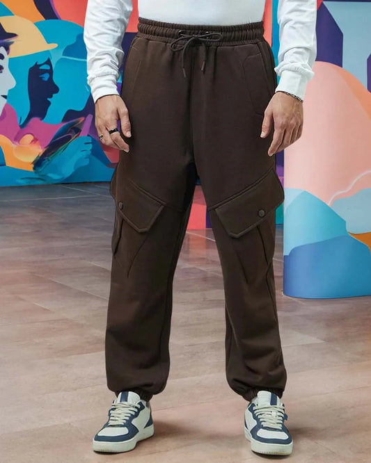Men's Brown Super Loose Fit Brushed Cargo Joggers