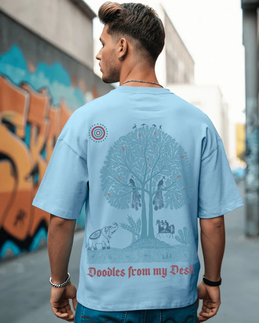 Men's Chambray Blue Tatva Doodles Graphic Printed Oversized T-shirt